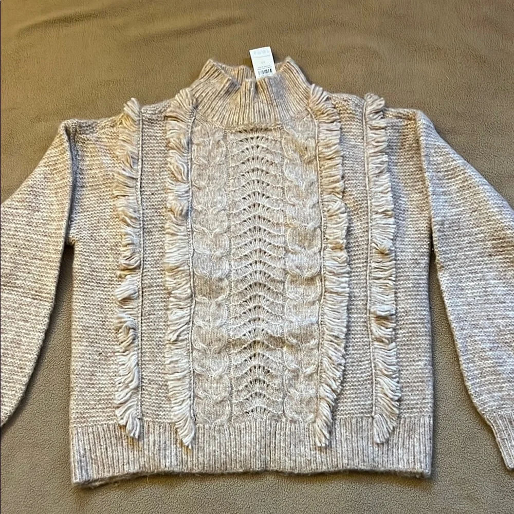 LOFT NWT Heather Tan Cream Beige Cable Fringe Mock Neck Sweater. - Picture 1 of 6